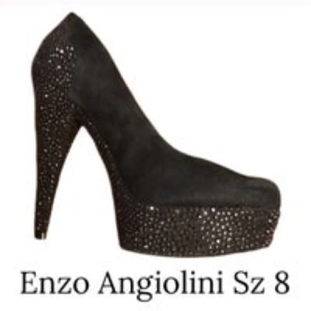 Enzo Angiolini black suede crystal platform heels size 8 event gala prom